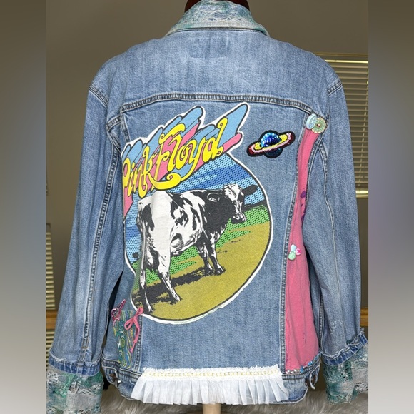 Up cycled Old Navy Denim Jacket Pink Floyd Colorful Lace Accents XXL Hand Done - Picture 4 of 6